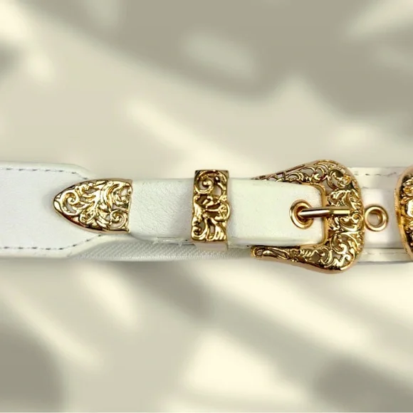 White & Gold Western Double Buckle Stretch Belt - Picture 4 of 5